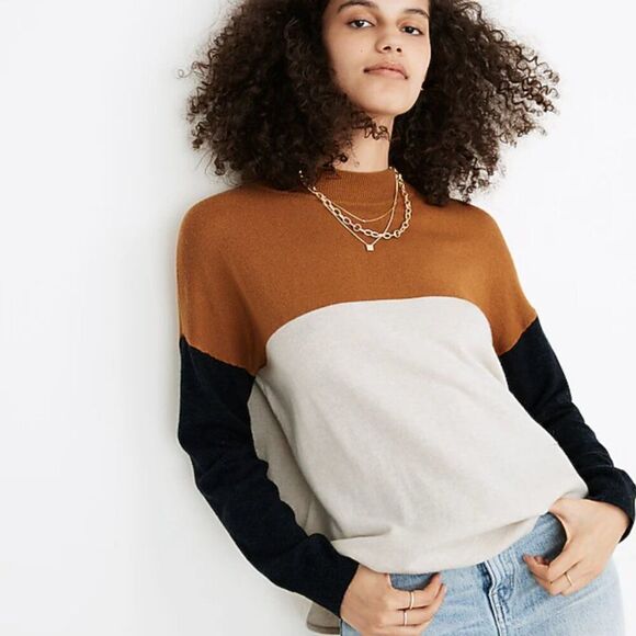 Madewell Wool Blend Colorblock Ashbury Mockneck Sweater in Bronze Size Large - Picture 1 of 8